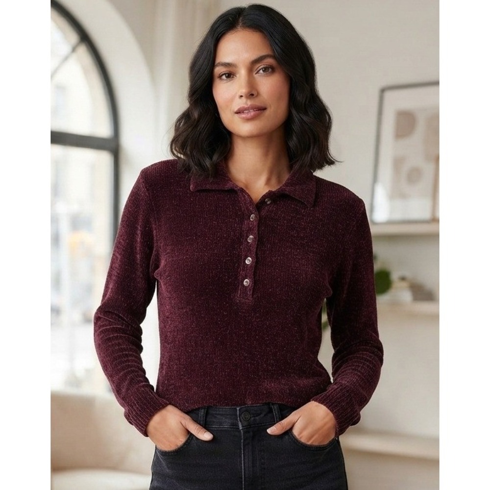 Amore Velvet Henley Sweater Collared Long Sleeve Top Women's Medium Burgundy NWT